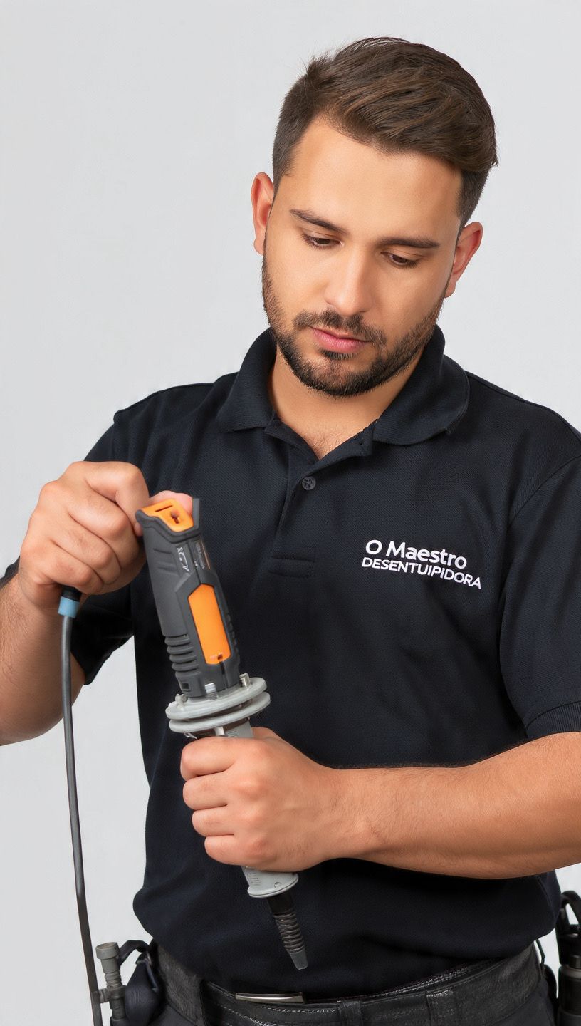 Técnico da Desentupidora O Maestro com equipamento